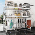 3 Tier Extra Large Stainless Steel Expandable Over The Sink Dish Drainer Drying Rack, Rust Proof Metal, Space Saving, Modern Silver Big Capacity Extendable Plate Strainers Above Kitchen Counter-Ruum Studio Home