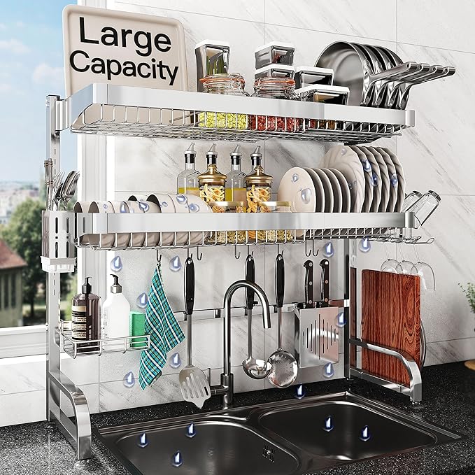 3 Tier Extra Large Stainless Steel Expandable Over The Sink Dish Drainer Drying Rack, Rust Proof Metal, Space Saving, Modern Silver Big Capacity Extendable Plate Strainers Above Kitchen Counter-Ruum Studio Home