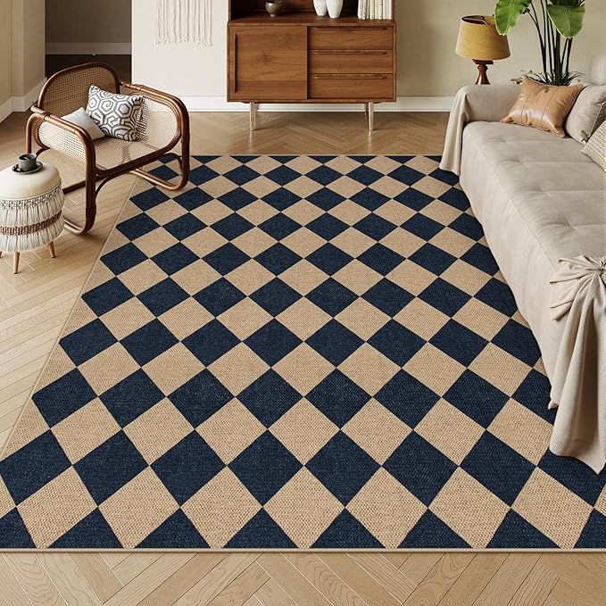 Lahome Checkered Easy Jute Outdoor Rug, Large 6x9 Rug for Living Room Checkerboard Indoor Outdoor Carpet, Farmhouse Patio Office Mat Geometric Non Slip Black Carpet for Backyard Dining Room-Ruum Studio Home