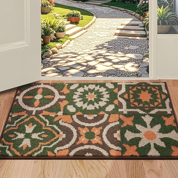 BEQHAUSE Dirt Trapper Door Mat 24" x 36", Non-Slip Entryway Rugs Washable, Floor Mat Stain Resistant and Absorbent Welcome Mat for Front Back Door, Muddy Wet Shoes & Paws, Boho Geometric Floral-Ruum Studio Home