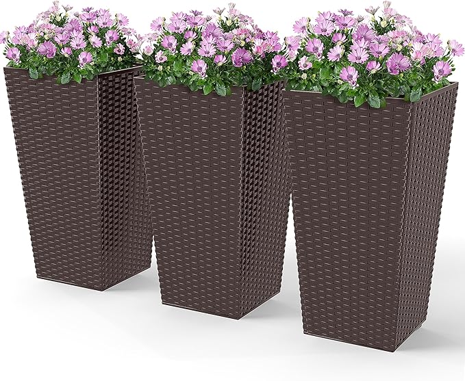Outsunny Tall Planters for Outdoor Plants Set of 3, 24 in Taper Planters with Drainage Holes, Rattan Decor Plant Pots for Indoor Outdoor Front Porch Patio Backyard, Brown-Ruum Studio Home