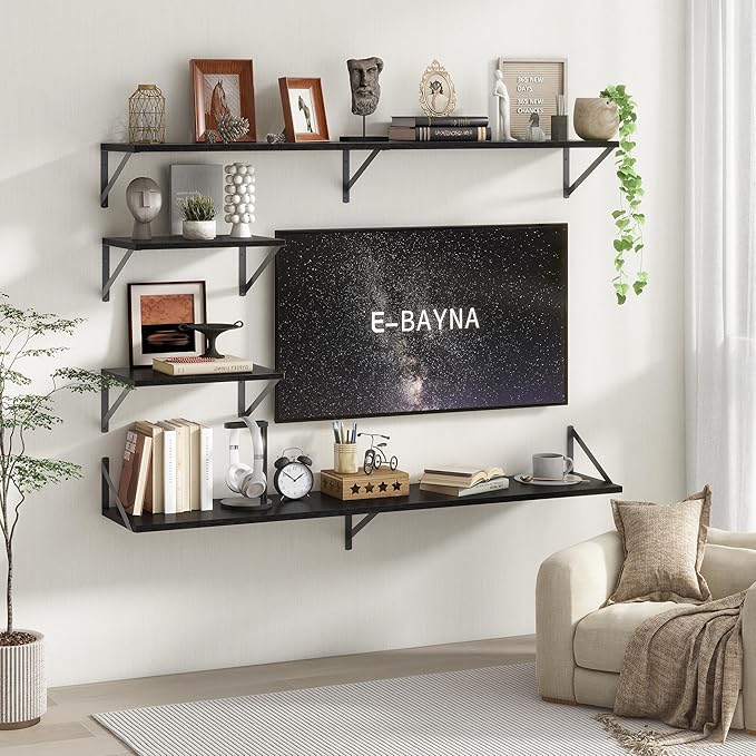 Floating Shelves 48 Inch Long, 10" Deep Floating Shelves, Black Wall Shelves 48 x 10, Set of 2, Wide Large Display Storage Shelves for Bathroom, Living Room, Rustic Wood Shelves with Brackets-Ruum Studio Home