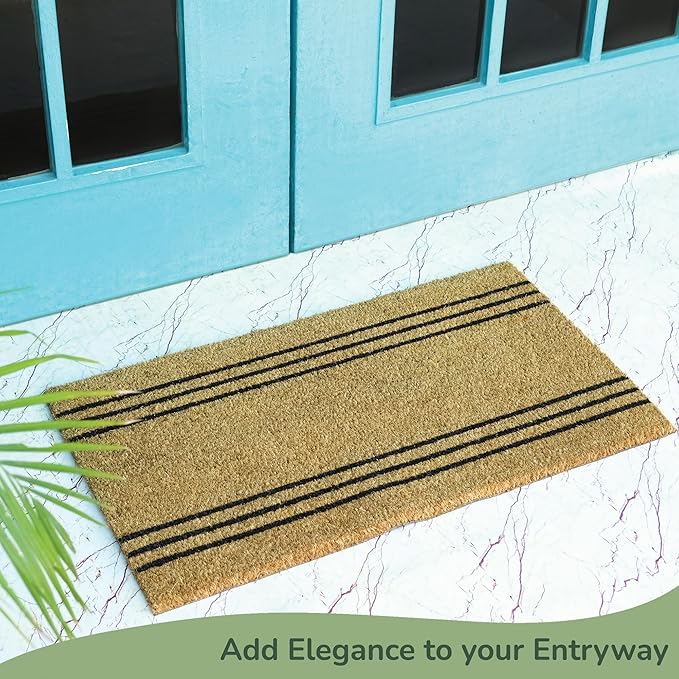 Welcome Doormats, Natural Coco Coir Mats with Non-Slip PVC Backing, Indoor Outdoor Mats for Home & Office, Floor Mats for Door Decor, Plain Entry Mat with Stripes, Beige & Black, 30"x17"-Ruum Studio Home