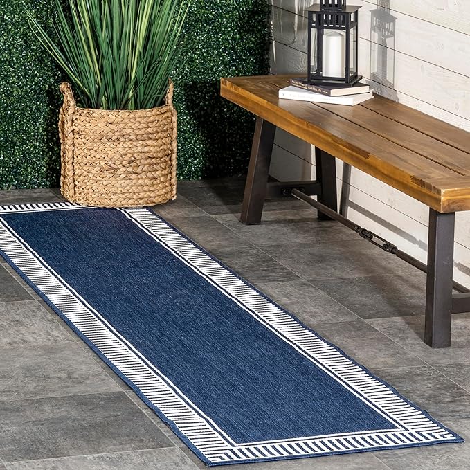 nuLOOM 2' x 8' Outdoor Area Rug, Casual Design With Striped Border, Stain Resistant, Highly Durable, For Patio, Balcony, Bedroom, Living Room, Dining Room, Bathroom, Navy-Ruum Studio Home