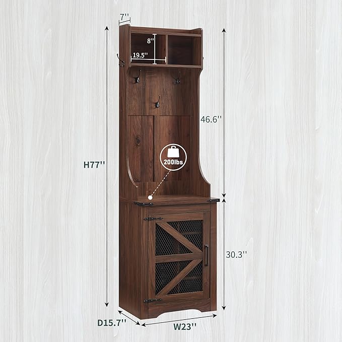 JXQTLINGMU 23" Farmhouse Hall Tree with Shoe Storage, Entryway Bench with 6 Cubbies, 5 Hooks & Barn Doors, Mudroom Coat Rack Cabinet, Brown-Ruum Studio Home