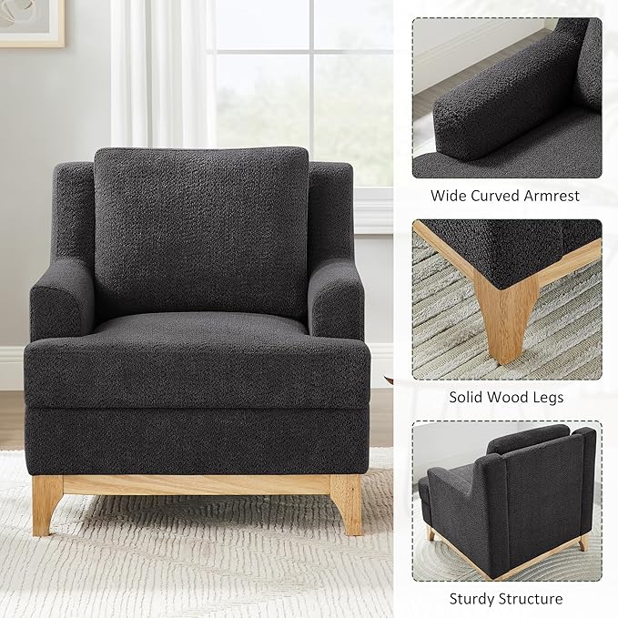 Oversized Accent Chair, Modern Boucle Armchair with Wood Legs, Modern Reading Chair with Thick Cushion, Comfy Chairs for Living Rooms, Bedrooms, Reading nooks and Apartments-Ruum Studio Home