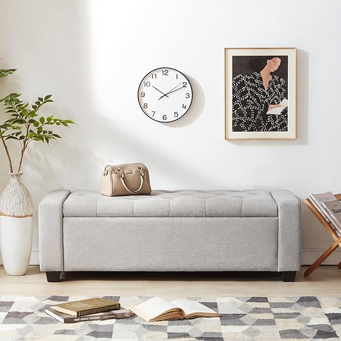 48" Ottoman with Storage, Storage Ottoman Bench with Safety Hinge, Upholstered Entryway Bench with Seating for Bedroom, Living Room, Holds up to 330 lb(Light Gray)-Ruum Studio Home