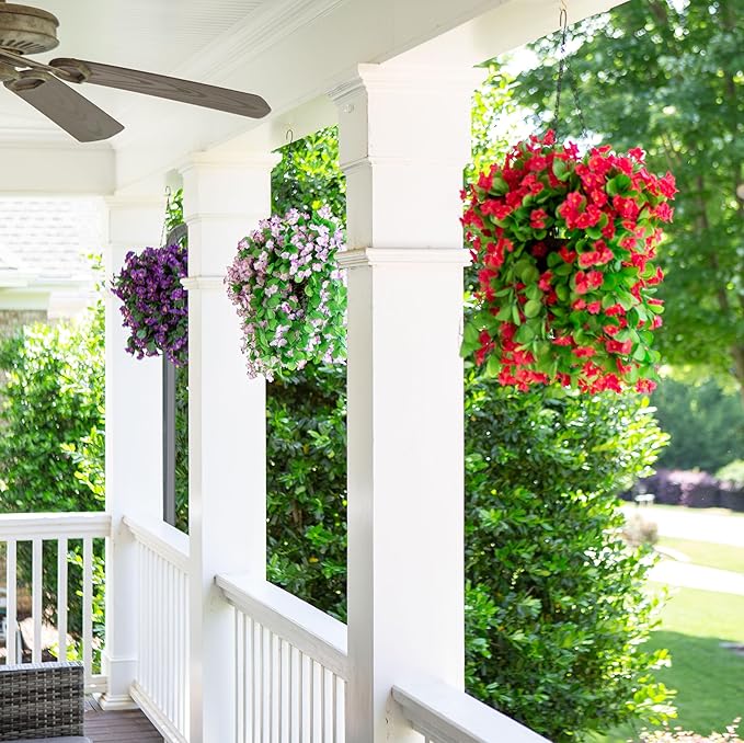 Artificial Faux Hanging White Flowers Plants Basket for Outdoor Outside, Fake UV Resistant Realistic White Morning Glory Flowers for Porch Home Balcony Yard Patio Decoration-Ruum Studio Home