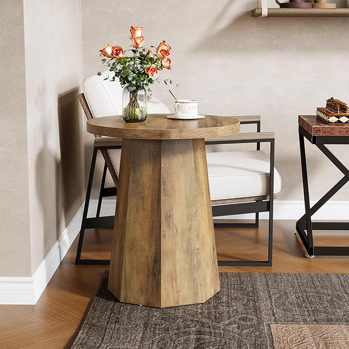 Tribesigns Round Pedestal End Table, Farmhouse Couch Side Table with Octagonal Base, Nightstand Accent Wooden Drink Stand (2, Rustic Brown)-Ruum Studio Home