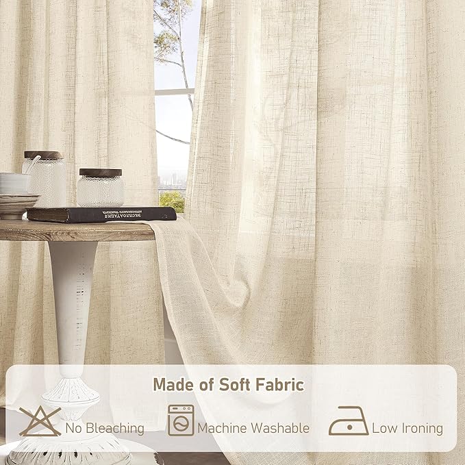 LAMIT 54 Inch Length Linen Curtains for Bedroom, Light Filtering Semi Sheer Neutral Short Decorative Window Drapes with Bronze Grommet for Kitchen,2 Panels Set, 52 X 54 Inch, Linen-Ruum Studio Home