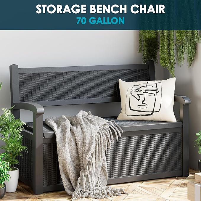 70 Gallon Storage Bench Deck Box for Patio Furniture with Armrest Bench Outdoor Storage-Ruum Studio Home