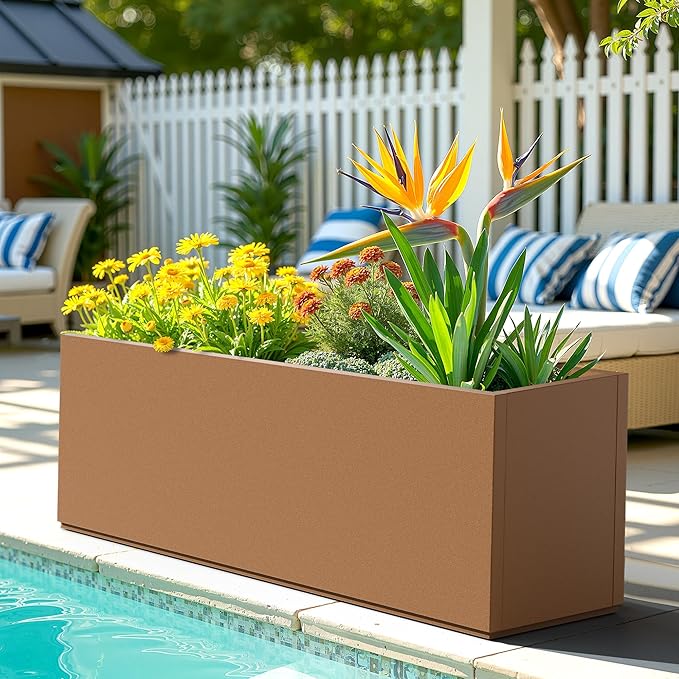 FENCY Large Metal Planter, Large Rectangular Planters for Outdoor Plants, Tall Outdoor Planters for Porch Patio, 38" L x 15" W x 16.3" H Brown Metal Planter with Drainage Hole-Ruum Studio Home