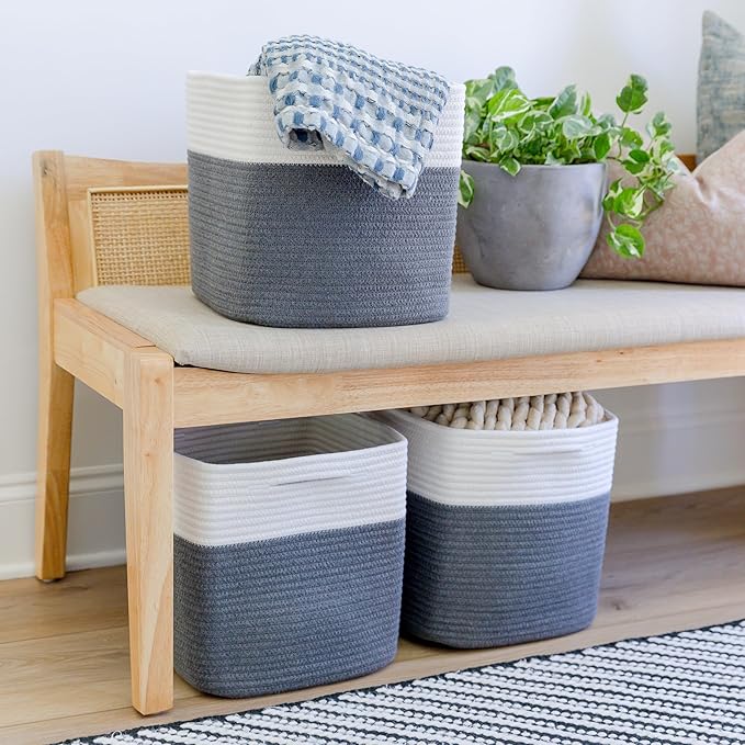 NaturalCozy Storage Cubes 11 Inch Cotton Rope Woven Baskets for Organizing, 3-Pack | Cube Storage Bin | Square Storage Baskets for Shelves Organizer, Classroom, Kids Toy Bins, Closet, Baby Nursery-Ruum Studio Home