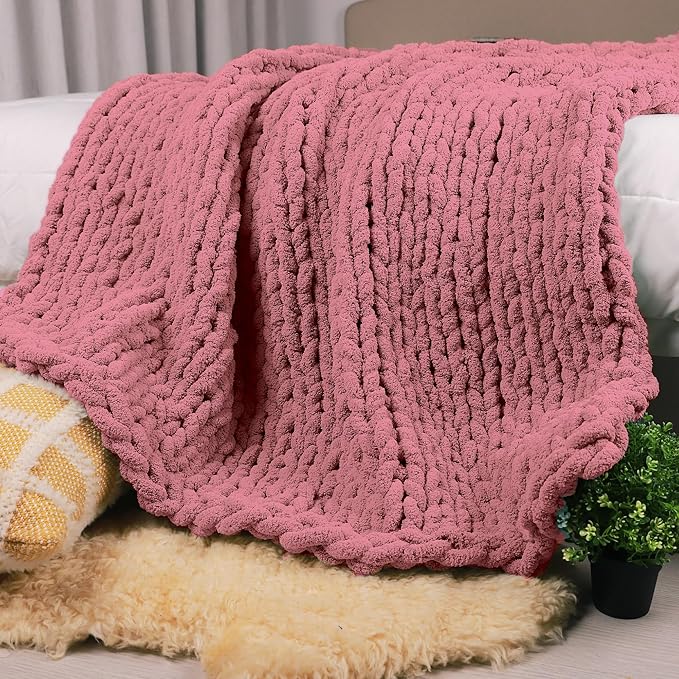 Carriediosa Chunky Knit Throw Blanket 50" X 60", 100% Hand Made Large Chenille Loop Yarn Soft Fluffy Throws for Couch Sofa Bed, Big Crochet Cozy Heavy Thick Cable Woven Blanket, Mauve-Ruum Studio Home