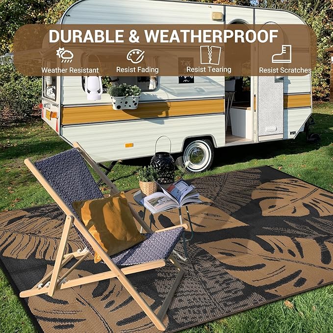 GAOMON Outdoor Rug Waterproof 9x12 Outdoor Plastic Straw Rug for Patio, Reversible Modern Camping Mat with Bag & Stakes, UV Resistant & Easy to Clean Carpet for RV, Deck, Balcony, Porch, Brown-Ruum Studio Home