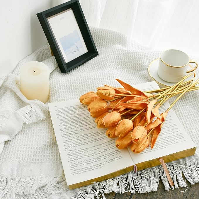 Mandy's Artificial Tulips 12 Stems Fully Gold PU Faux Flowers for Wedding Home Decor 13.5 Inch-Ruum Studio Home