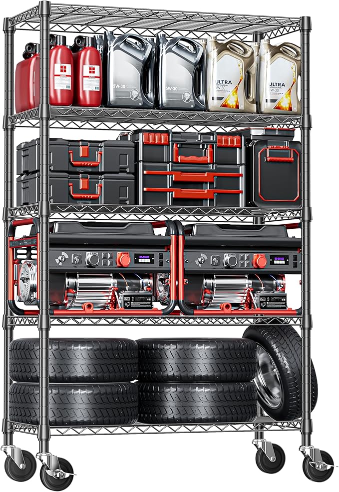 IZEUK 5-Tier Storage Shelving Unit with Wheels, Adjustable Heavy Duty Steel Wire Rack Organizer (Black, 17.7" D x 47.2" W x 76.7" H, 1750 lbs Capacity) for Garage, Kitchen, Office, Laundry, Basement-Ruum Studio Home