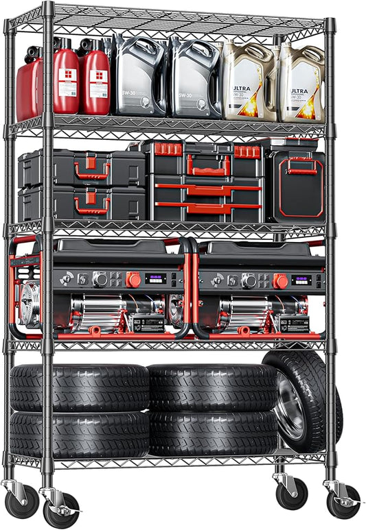IZEUK 5-Tier Storage Shelving Unit with Wheels, Adjustable Heavy Duty Steel Wire Rack Organizer (Black, 17.7" D x 47.2" W x 76.7" H, 1750 lbs Capacity) for Garage, Kitchen, Office, Laundry, Basement-Ruum Studio Home