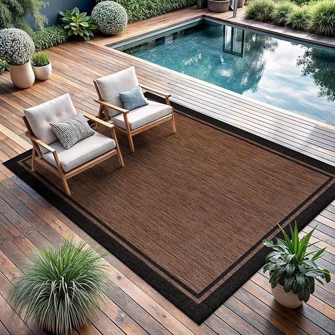 CAMILSON Indoor Outdoor Rug, 6x9 Bordered Nut Brown Black Modern Area Rugs for Indoor and Outdoor Patios, Kitchen and Hallway Mats, Washable Porch Deck Outside Carpet (Bordered Nut Brown Black, 6 x 9)-Ruum Studio Home