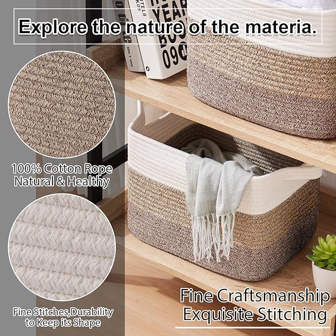 OIAHOMY Storage Basket, Woven Baskets for Storage, Cotton Rope Basket for toys,Towel Baskets for Bathroom - Pack of 3, Gradient Dark Brown-Ruum Studio Home