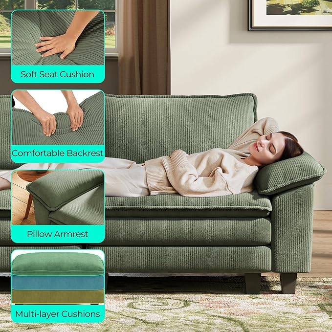 LINSY HOME Modular Sectional Sofa - 123'' Oversized Corduroy Cloud Couch L Shaped Couch with Movable Ottoman Soft Modern Comfy Sofa for Living Room Apartment Office, Green-Ruum Studio Home