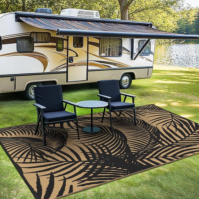 GENIMO Outdoor Rug 5' x 8' Waterproof for Patio Clearance, Reversible Plastic Straw Camping Carpet, Lightweight Mats for Rv, Backyard, Deck, Porch, Picnic, Beach, Balcony, Black & Brown-Ruum Studio Home