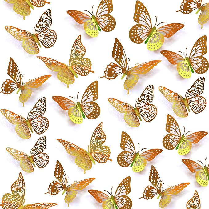SAOROPEB 3D Butterfly Wall Decor - 48 Pcs, 4 Styles, 3 Sizes - Removable Gold Decorations for Birthday & Party Celebrations-Ruum Studio Home
