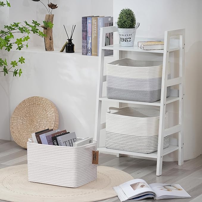 COMFY-HOMI 3PACK Cotton Rope Square Basket with Handles for Shelves|Dog Toy Basket Bin and Storage|Baby Basket for Gif|Shoe basket for Organizing|New13.5" x 11" x 9.5" for Living Room（All White）-Ruum Studio Home