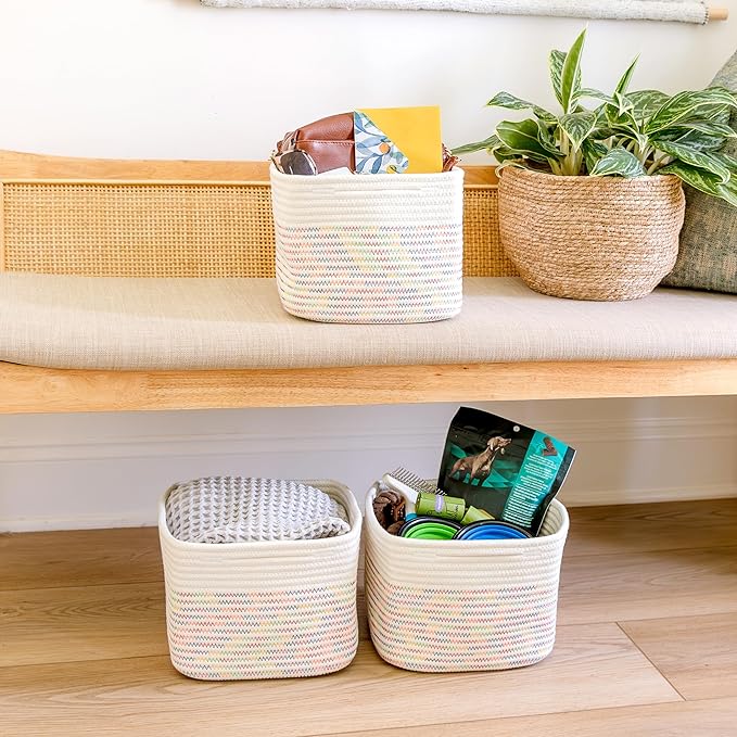NaturalCozy Storage Cubes 9”x9”x7”Cotton Rope Woven Baskets for Organizing 3-Pack | 9 Inch Cube Storage Bin | Small Basket for Shelf Nursery, Pantry, Decorative Plant, Bathroom Closet, Toy Gift-Ruum Studio Home