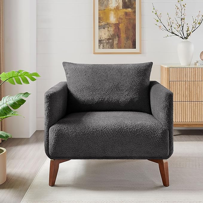 Oversized Accent Chair Modern Boucle Armchair for Living Room- 37" Wide Accent Chair with Solid Wood Legs, Dark Gray Upholstered Lounge Chair for Bedroom & Office, Cozy Reading Chair (Easy Assembly)-Ruum Studio Home
