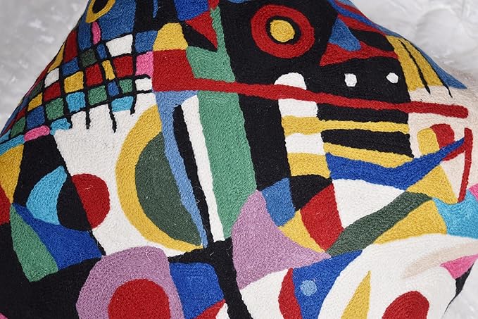 Kandinsky Impulse Modern Decorative Pillow Cover Black Abstract Toss Pillowcase Farmhouse Chair Cushion Contemporary Pillow Mid-Century Chair Cushions Hand Embroidered Pillow Wool Size 18x18-Ruum Studio Home
