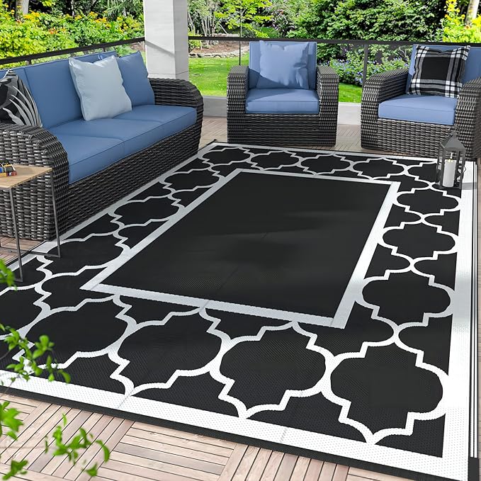 GENIMO 6' x 9' Outdoor Rug Waterproof for Patio Decor, Foldable Reversible Plastic Straw Area Rugs Mat for Camper, Morden Carpet for Outside, Rv, Deck, Porch, Picnic, Beach, Balcony, Black & White-Ruum Studio Home