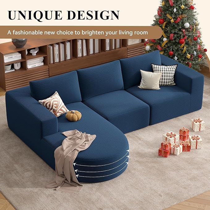 Modular Sectional Sofa with L-Shape Chaise,Cloud Sectional Modern Sleeper Couch with Deep Seat,Sponge Compression Sofas No Assembly Required (Blue-Corduroy Fabric) 1PCS-Ruum Studio Home