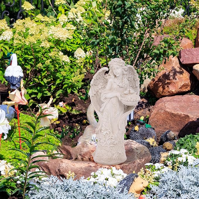 Outdoor Statues Angel Décor Garden Statue,23.5" H Angel Statue, Resin Angel with Bird Figurine,Gifts for Women and Men,Outdoor Garden Decor Ornaments for Outside (White)-Ruum Studio Home