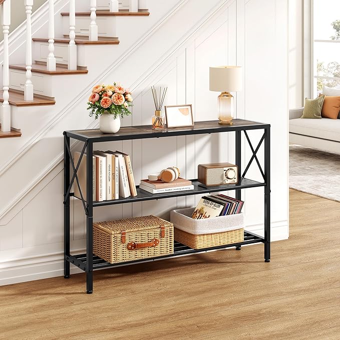 Hoctieon Industrial Console Table, 3 Tier Entryway Table, Hallway Table, Narrow Sofa Table with Shelves, Entrance Table for Entryway, Living Room, Foyer, Hallway, Office, Grey-Ruum Studio Home