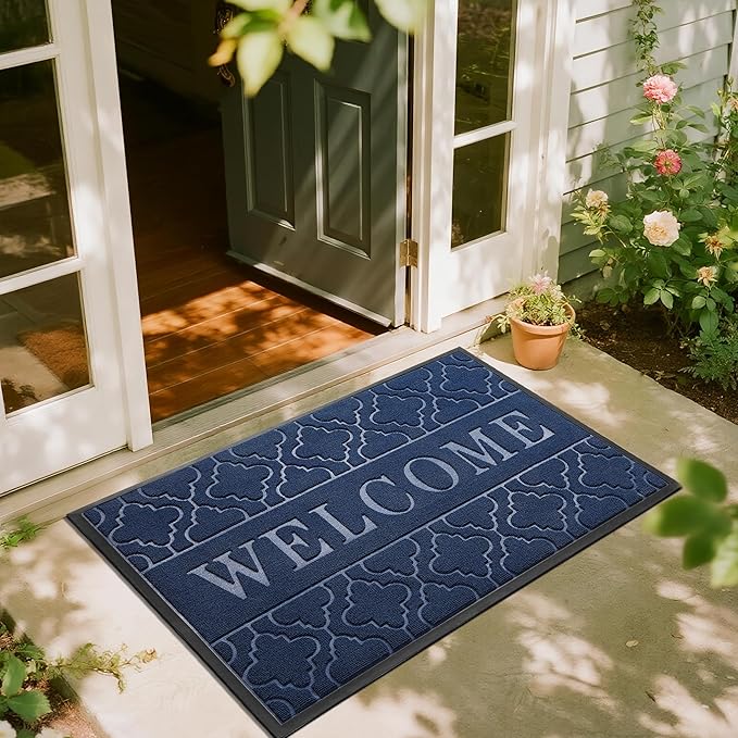 Yimobra Welcome Mat Outdoor Indoor, All-Season Waterproof Front Door Mat Outside Entrance, All-Weather Heavy Duty Non-Slip Doormat, Low Profile Porch Patio Entrance Mats, 47x32, Blue-Ruum Studio Home