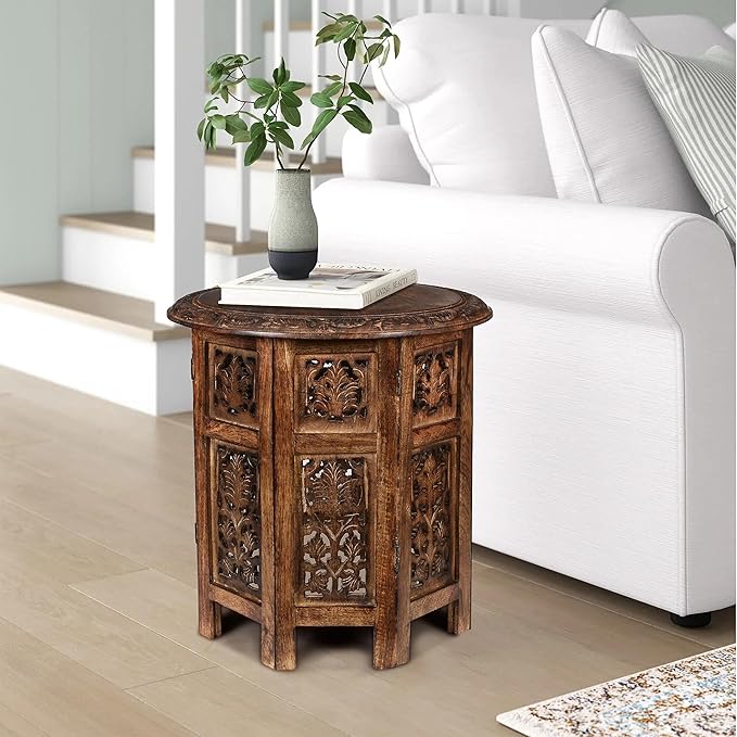 Lightnpro Handcrafted Wooden Round Accent Table - Vintage Farmhouse Octagonal Side End Table with Intricate Carvings for Living Room, Bedroom, Entryway - 18x18 Inch - Burnt-Ruum Studio Home