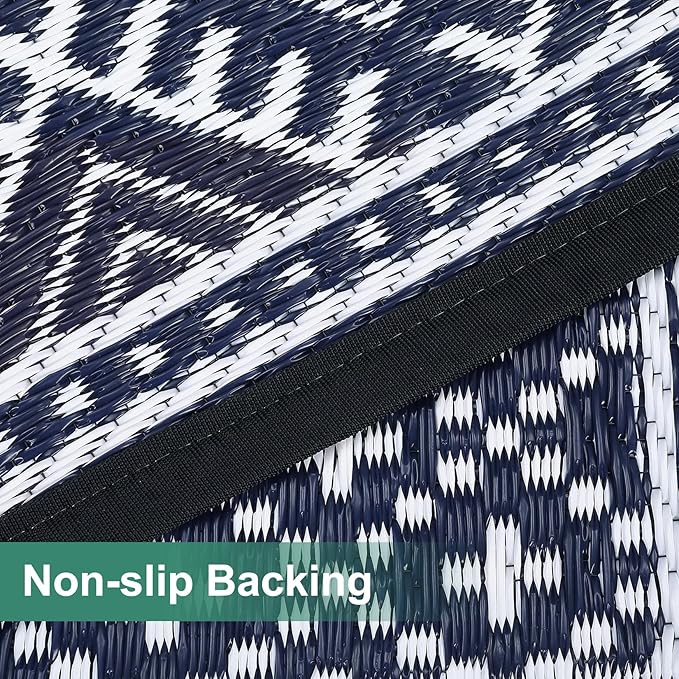 GAOMON Outdoor Rug 9'x12' Waterproof Rug for Patio Decor, Foldable Reversible Plastic Straw Area Rugs Mat for Camper, Outside Carpet for Deck, Porch, Picnic, Beach, Dark Blue/White(Bohemia)-Ruum Studio Home