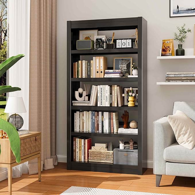 5 Tier Adjustable Black Bookcase, Metal Small Bookshelves and Bookcases, 61" H Display Modern Bookshelf for Living Rooms, Bedrooms, Home Offices, 10 Minutes Assemble-Ruum Studio Home