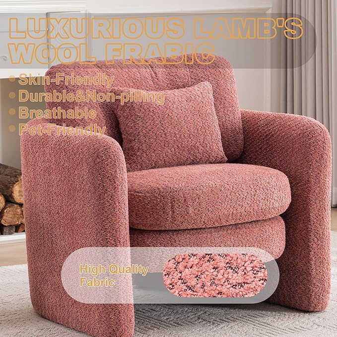 Chenille Accent Armchair Oversize Upholstered Barrel Comfy Modern Round Lounge Sofa Chair with Pillow Cozy Reading Chairs for Apartment,Office,Living Room,Dining,Makeup,Club,Pink-Ruum Studio Home