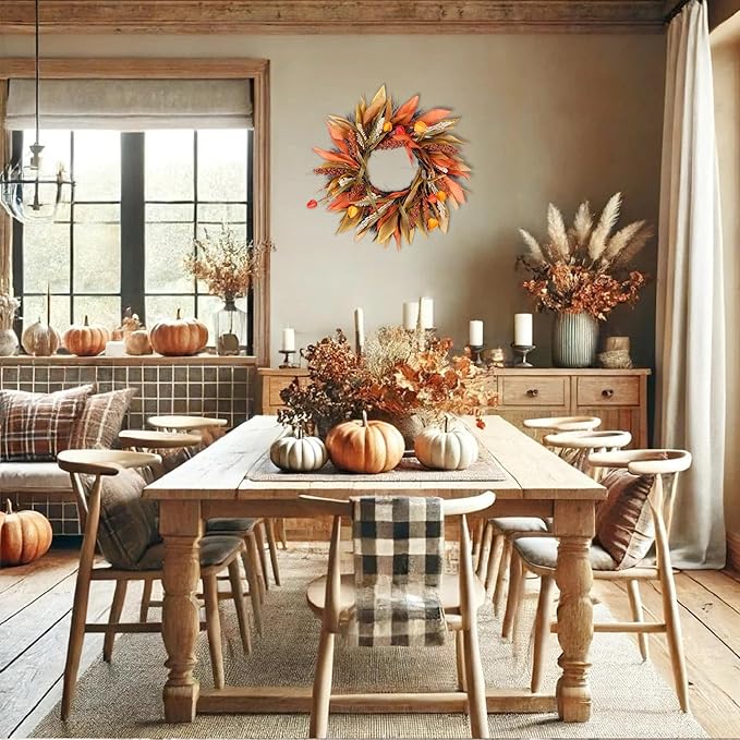 Fall Corn Husk & Berry Door Wreath for Front Door 24 Inch, Festive & Rustic Farmhouse Autumn Harvest Wreath, Fall Decor for Home Door Wall Porch Window, Orange/Yellow/Brown-Ruum Studio Home