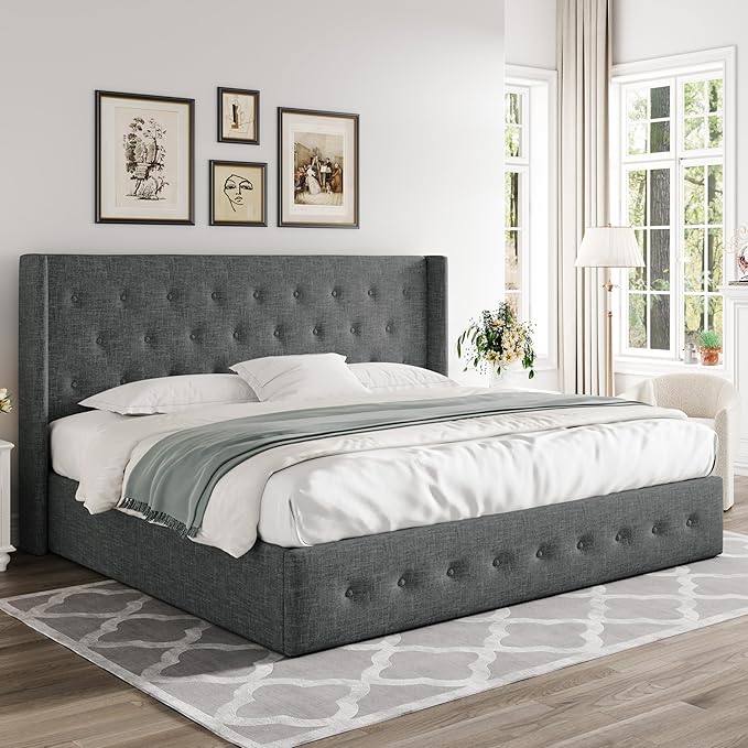 Allewie King Size Lift Up Storage Bed, Button Tufted Headboard with Wingback, Hydraulic Support, No Box Spring Needed, Dark Grey-Ruum Studio Home