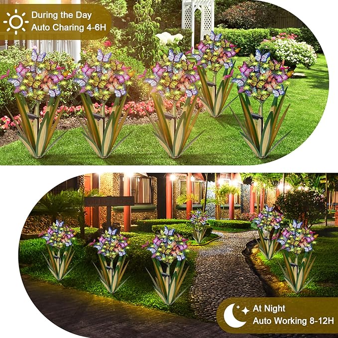 Solar Metal Agave Butterfly Flower Stick Garden Sculpture - Outdoor Gift, Christmas Lights, Swaying Butterfly, Sunflower - Solar Outdoor Statues (3 PCS Light Green)-Ruum Studio Home