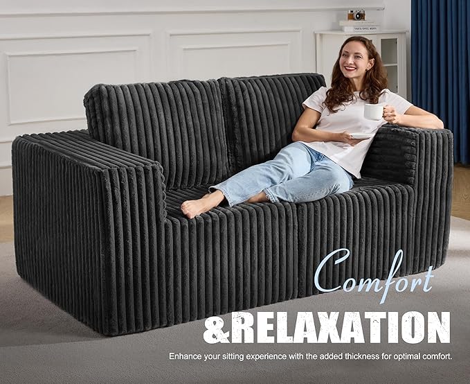 Modular Sectional Sofa 2 Seater Loveseat Modular Couch with Deep Seat Memory Foam Cloud Chair with Pillows Oversized Sectional Sofa for Living Room Bedroom (Strip Grey, Loveseat)-Ruum Studio Home
