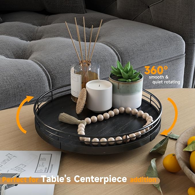 9" Oak Bathroom Vanity Tray Turntable for Perfume Candle, Round Wooden Decorative Tray for Kitchen Sink Countertop Organizer, Bathroom Counter Organizer for Skincare Makeup, Farmhouse Black Gold-Ruum Studio Home
