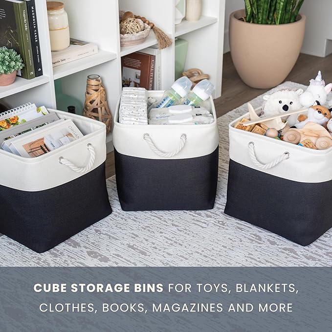 OrganiHaus 13x13 Cube Storage Bins 4 Pack, Foldable Cube Storage Organizer w/ Rope Handles, Collapsible Fabric Bins for Toys, Clothes & Closet Organization, Fabric Square Baskets - Black/White-Ruum Studio Home