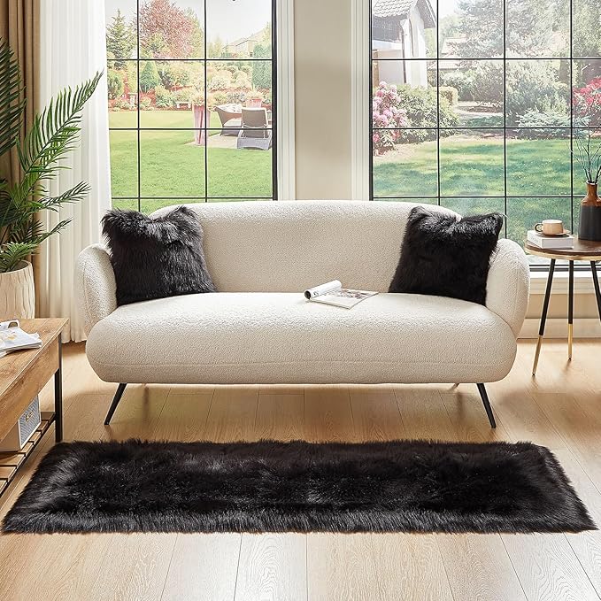 AMTOVO Faux Fur Rug, Black Ultra Soft Fluffy Shag Sheepskin Rug, 2 x 6 ft Runner Area Rugs for Bedroom Sofa Throw Cushion Room Decor, Rectangle-Ruum Studio Home