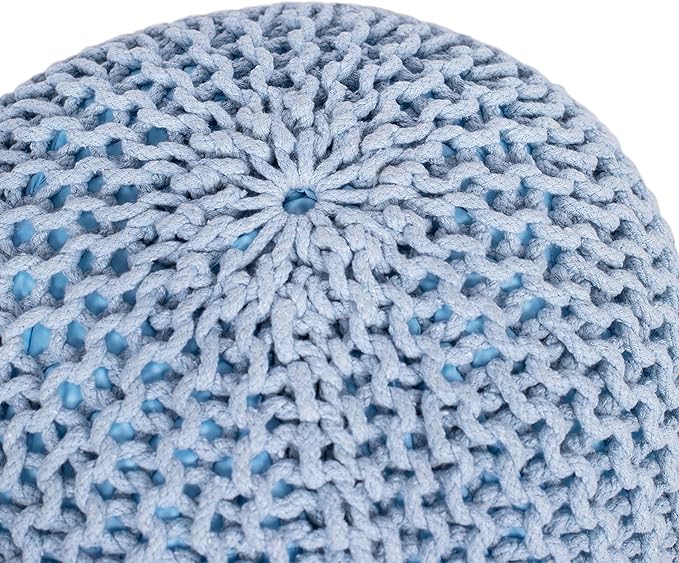 BIRDROCK HOME Round Pouf Ottoman | Cotton Braided Foot Stool with Bean Bag Filling | Boho Foot Rest for Living Room & Bedroom | Compact & Comfortable Seating, Lightweight & Soft | Soft Blue-Ruum Studio Home