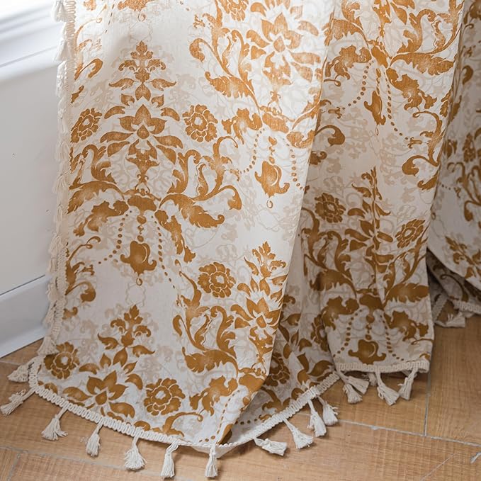 Sutuo Home Boho Curtains 84 Inches Length for Bedroom Living Room, Printed Moroccan Cotton Linen Rod Pocket Rustic Farmhouse Bohemian Tassels Window Treatment, 1 Panel 59" W x 84" L, Brown Damask-Ruum Studio Home