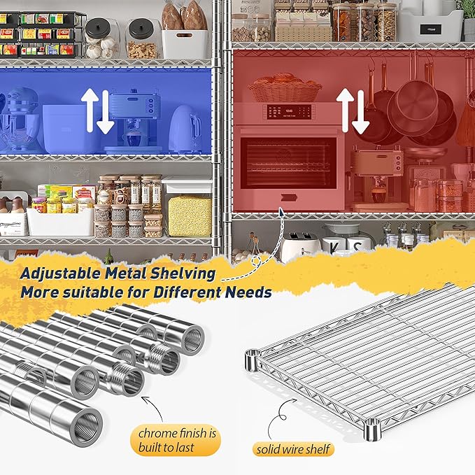 REIBII 70" W Wire Shelving Load 1500LBS, Metal Shelving 5-Tier Storage Shelves Metal Shelves for Storage Adjustable Shelving Rack for Pantry Kitchen Commercial School 70" W*15.8" D*72.4" H,Chrome-Ruum Studio Home